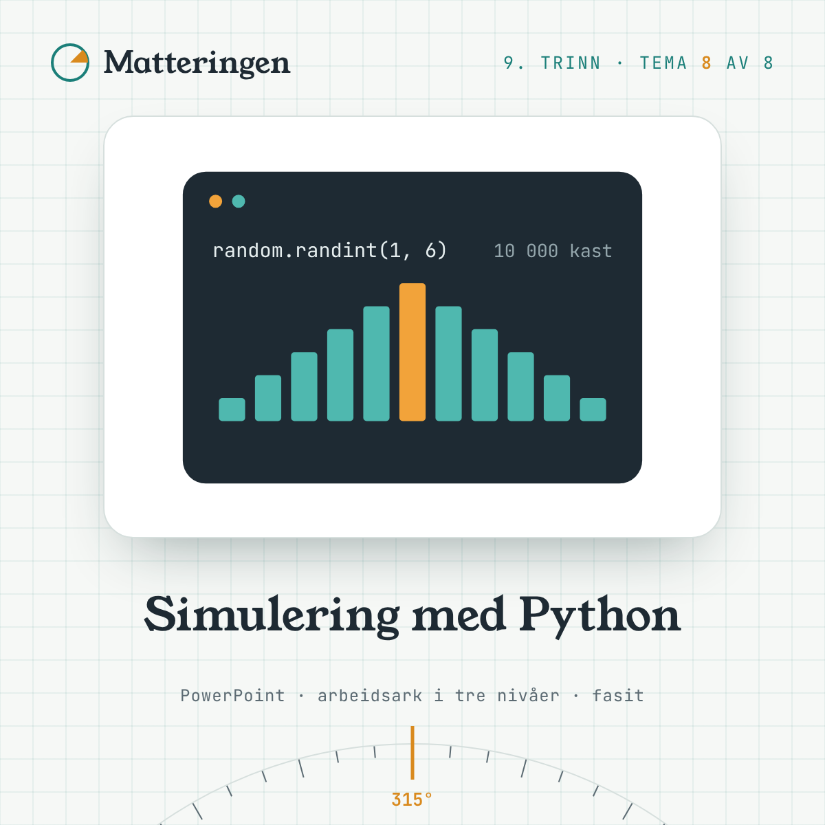 Simulering med Python – 9. trinn: kode med random.randint og søyler for 10 000 kast