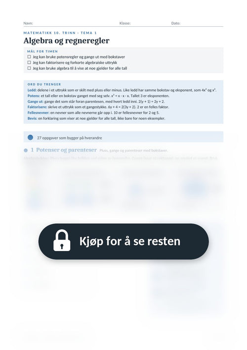 Eksempelside fra arbeidsarket Algebra og regneregler (10. trinn), resten er skjult til du kjøper