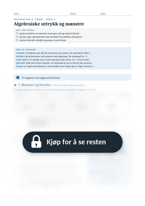 Eksempelside fra arbeidsarket Algebraiske uttrykk og mønstre (8. trinn), resten er skjult til du kjøper