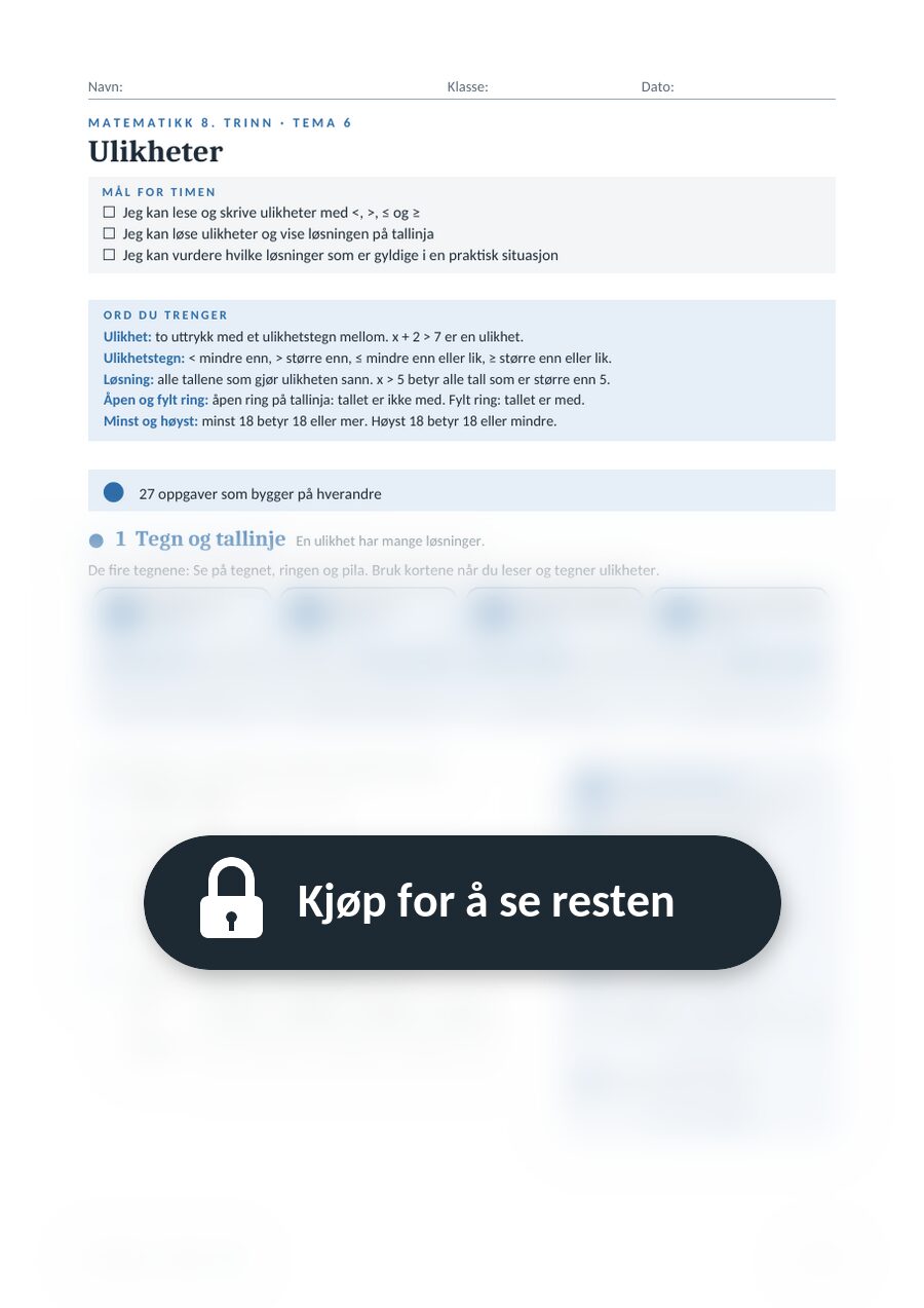 Eksempelside fra arbeidsarket Ulikheter (8. trinn), resten er skjult til du kjøper
