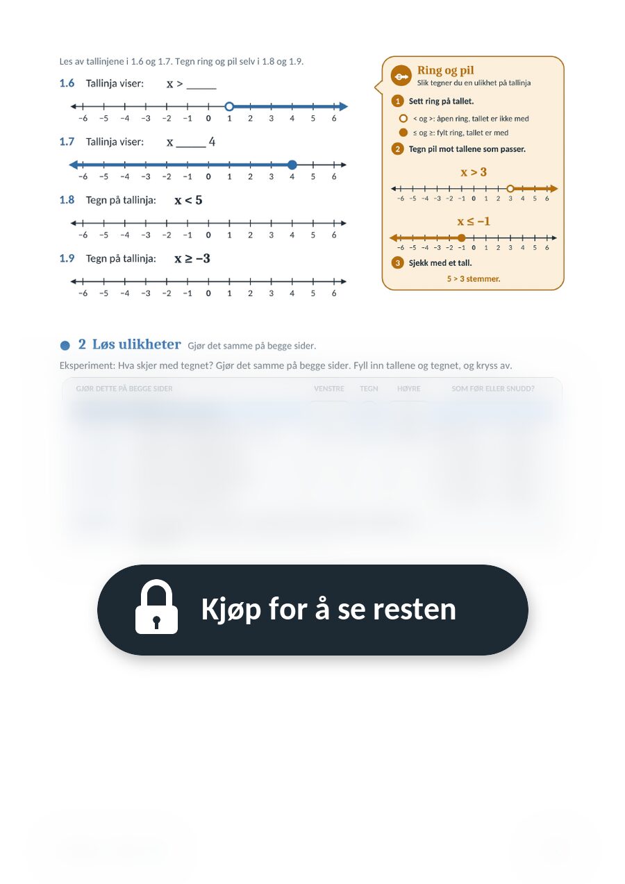 Eksempelside fra arbeidsarket Ulikheter (8. trinn), resten er skjult til du kjøper