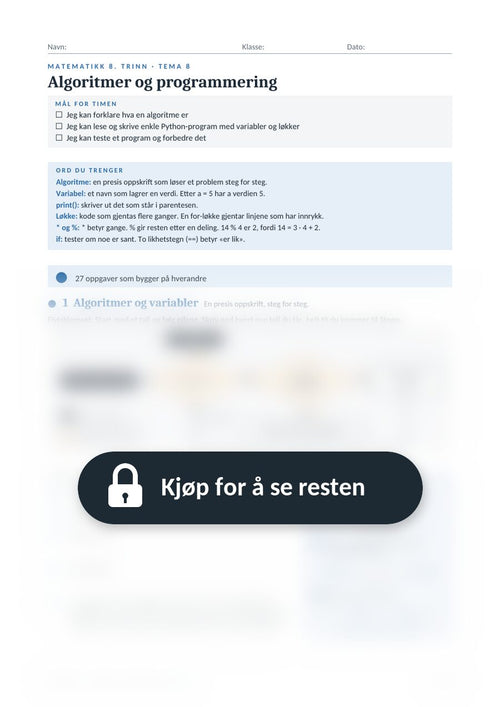 Eksempelside fra arbeidsarket Algoritmer og programmering (8. trinn), resten er skjult til du kjøper