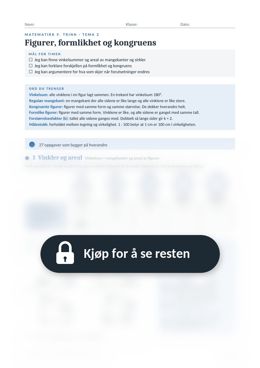 Eksempelside fra arbeidsarket Figurer, formlikhet og kongruens (9. trinn), resten er skjult til du kjøper