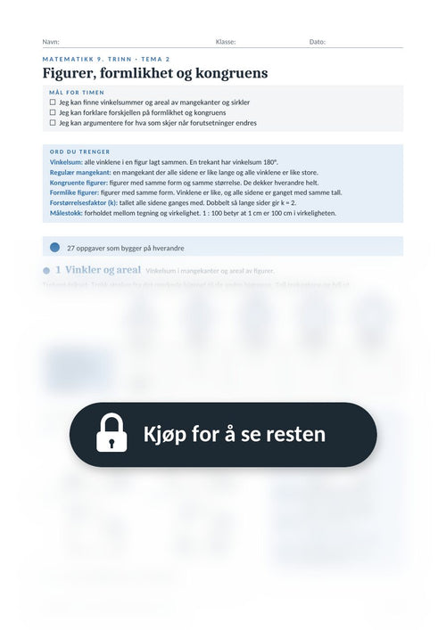 Eksempelside fra arbeidsarket Figurer, formlikhet og kongruens (9. trinn), resten er skjult til du kjøper