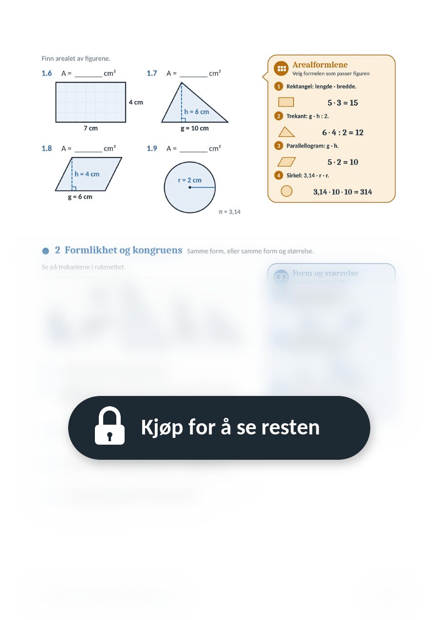 Eksempelside fra arbeidsarket Figurer, formlikhet og kongruens (9. trinn), resten er skjult til du kjøper